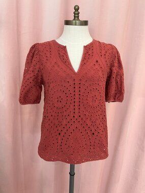 Banana Republic Eyelet Embroidered V-Neck Top Puff Sleeve Berry Pink Size S